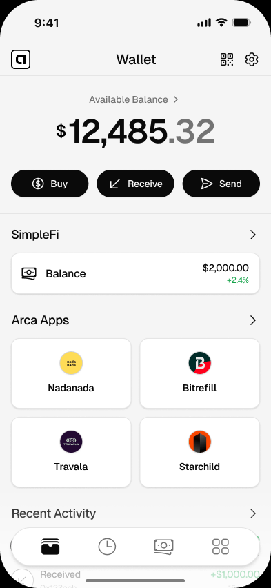 Arca Wallet preview on Android -- balance, action pills, and Arca Apps grid